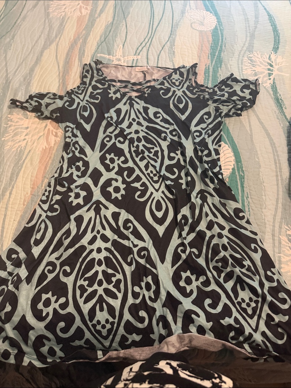 Black and Aqua Cold-Shoulder Patterned Dress